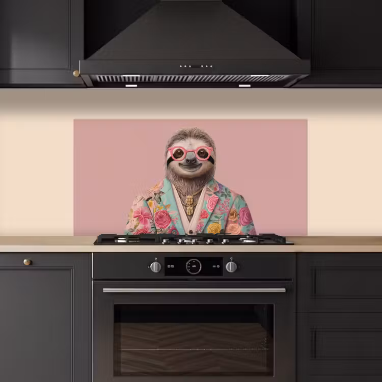 Luiaard - Bloemenprint - Bril - Roze keuken achterwand spatscherm middel -sfeer1