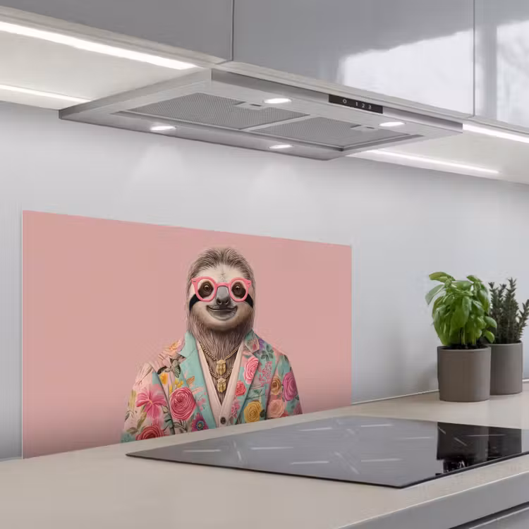 Luiaard - Bloemenprint - Bril - Roze keuken achterwand spatscherm middel -3d_schuin