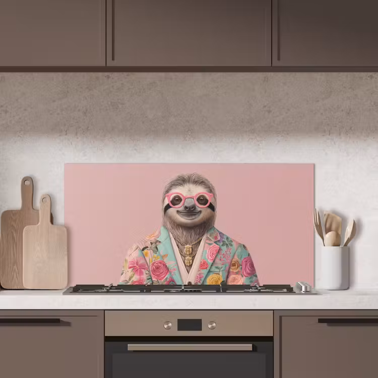 Luiaard - Bloemenprint - Bril - Roze keuken achterwand spatscherm middel -sfeer2