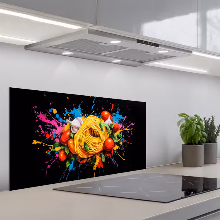 Spaghetti - Graffiti - Verf - Kleurrijk - Eten - Modern keuken achterwand spatscherm middel -3d_schuin