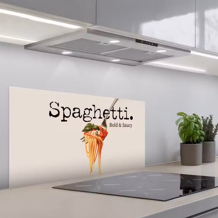 Spaghetti - tomatensaus - Parmezaanse kaas keuken achterwand spatscherm middel -3d_schuin