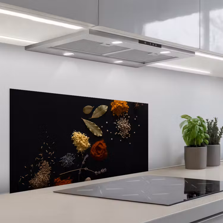 Specerijen - Kruiden - Noten - Lavendel - Zwart keuken achterwand spatscherm middel -3d_schuin