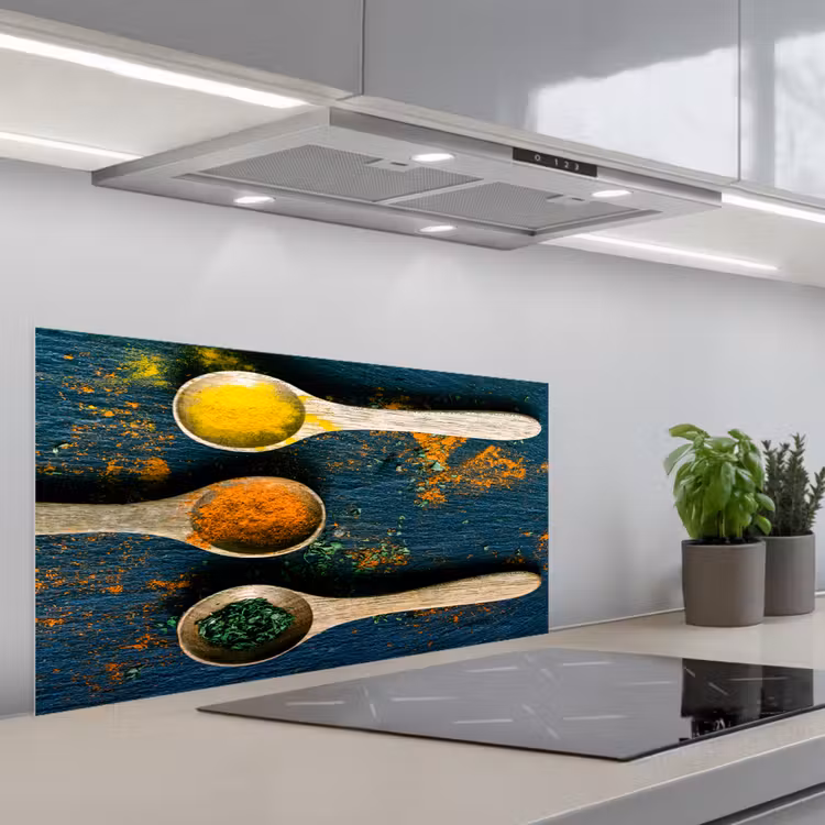 Specerijen - Lepel - Kruiden - Bruin - Geel - Groen keuken achterwand spatscherm middel -3d_schuin