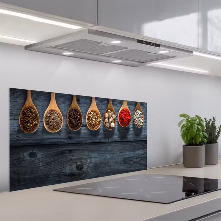 Kruiden - Lepels - Hout - Keuken - Specerijen - Industrieel keuken achterwand spatscherm middel -3d_schuin