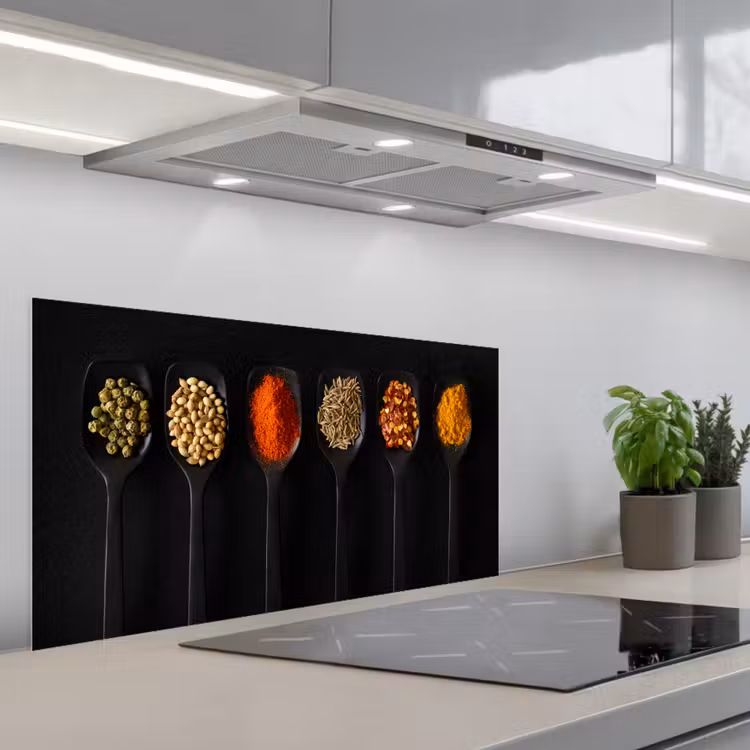 Lepels - Specerijen - Zwart - Kruiden - Rustiek keuken achterwand spatscherm middel -3d_schuin