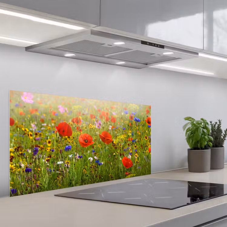 Lente - Bloemen - Rood - Klaproos - Gras - Groen keuken achterwand spatscherm middel -3d_schuin