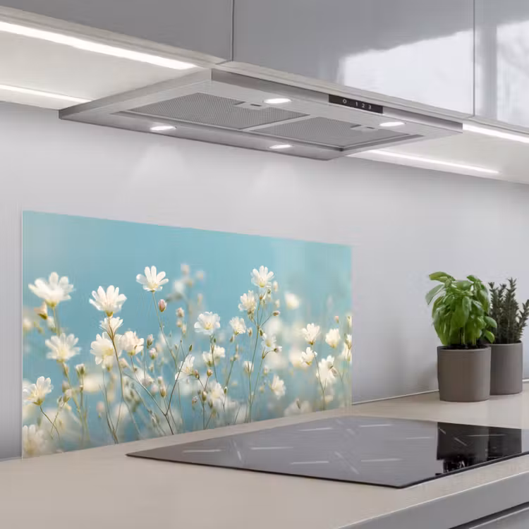 Stengels - Bloemen - Lucht - Wit keuken achterwand spatscherm middel -3d_schuin