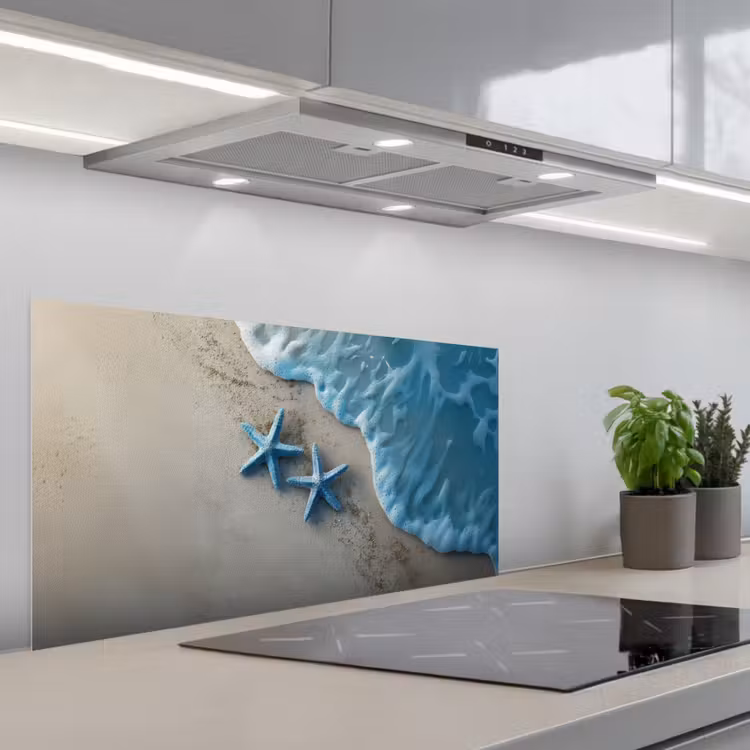 Zeesterren - Zand - Zee - Blauw keuken achterwand spatscherm middel -3d_schuin