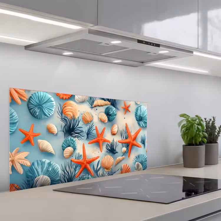 Zeesterren - Schelpen - Illustratie - Zand keuken achterwand spatscherm middel -3d_schuin