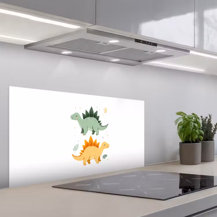 Sterren - Stegosaurussen - Blaadjes - Groen keuken achterwand spatscherm middel -3d_schuin