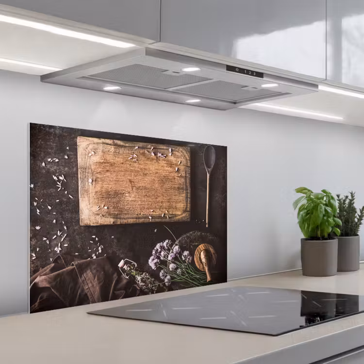 Stilleven met Snijplank keuken achterwand spatscherm middel -3d_schuin