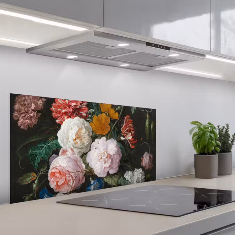 Stilleven met bloemen in een glazen vaas - Schilderij van Jan Davidsz. de Heem keuken achterwand spatscherm middel -3d_schuin