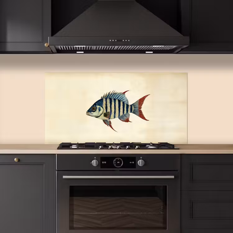 Gestreept - Donkerblauw - Rugvin - Vis keuken achterwand spatscherm middel -sfeer1