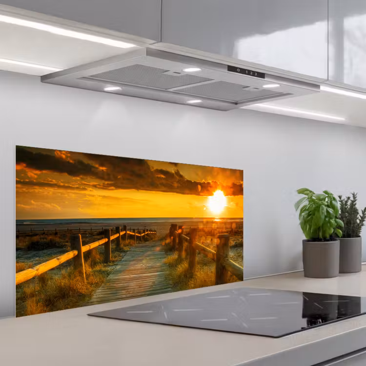 Zon - Strand - Duin - Horizon - Gras - Pad - Oranje keuken achterwand spatscherm middel -3d_schuin