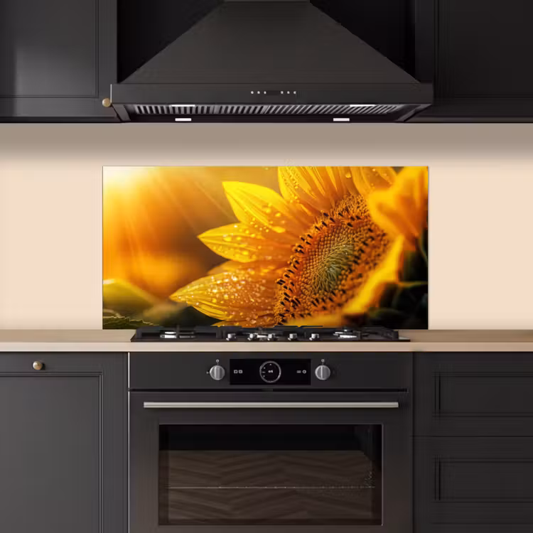 Zonnebloem - Dauwdruppels - Geel - Zonlicht keuken achterwand spatscherm middel -sfeer1