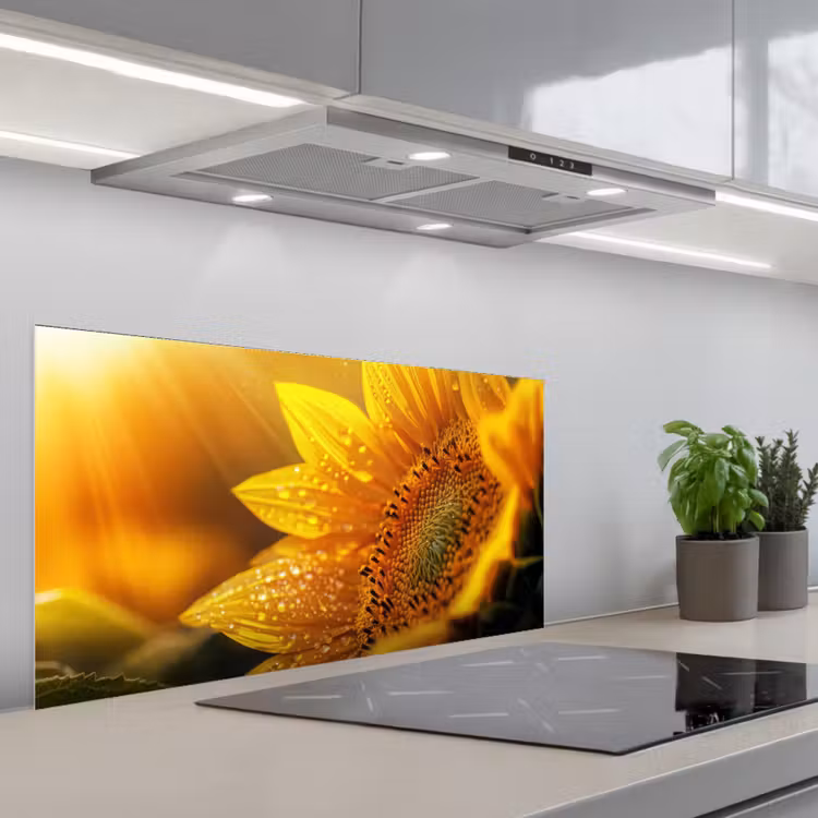 Zonnebloem - Dauwdruppels - Geel - Zonlicht keuken achterwand spatscherm middel -3d_schuin