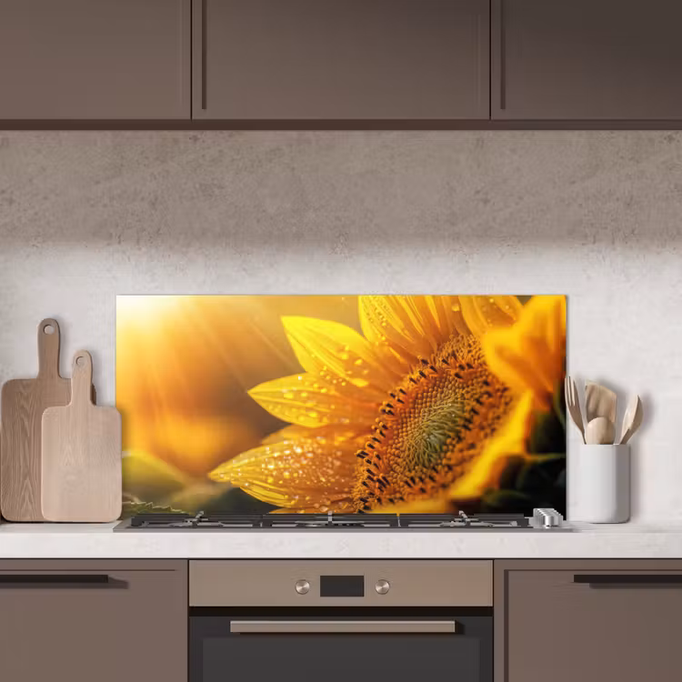 Zonnebloem - Dauwdruppels - Geel - Zonlicht keuken achterwand spatscherm middel -sfeer2