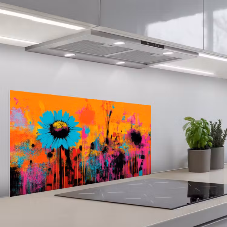 Zonnebloemen - Abstract - Oranje keuken achterwand spatscherm middel -3d_schuin