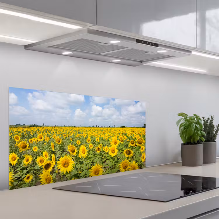 Zonnebloemen - Bloemen - Wolken - Natuur - Geel - Landschap keuken achterwand spatscherm middel -3d_schuin