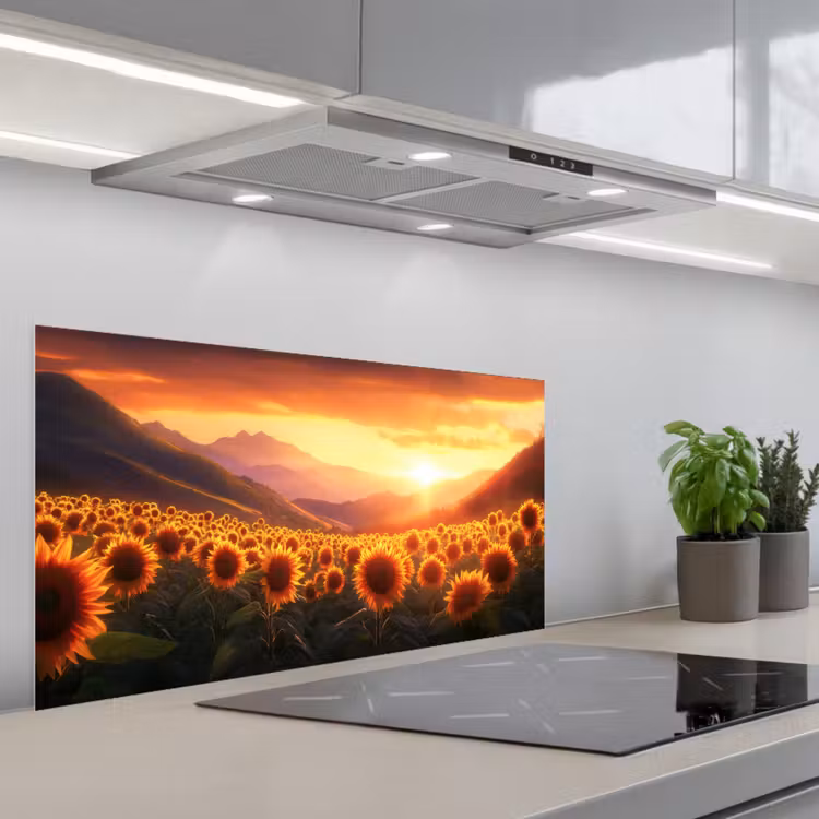Zonnebloemen - Zonsondergang - Landschap keuken achterwand spatscherm middel -3d_schuin