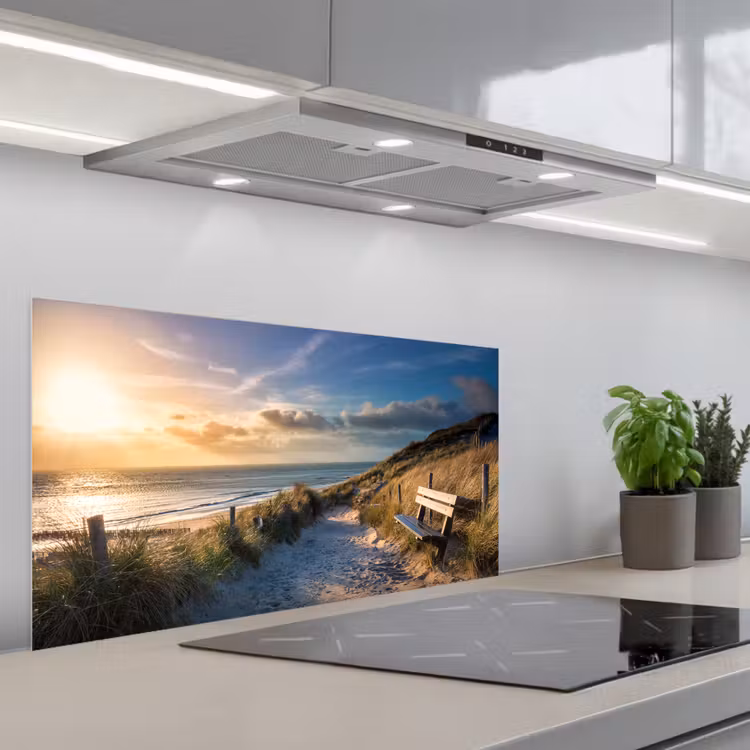 Zonsondergang - Strand - Duin - Gras - Bank keuken achterwand spatscherm middel -3d_schuin