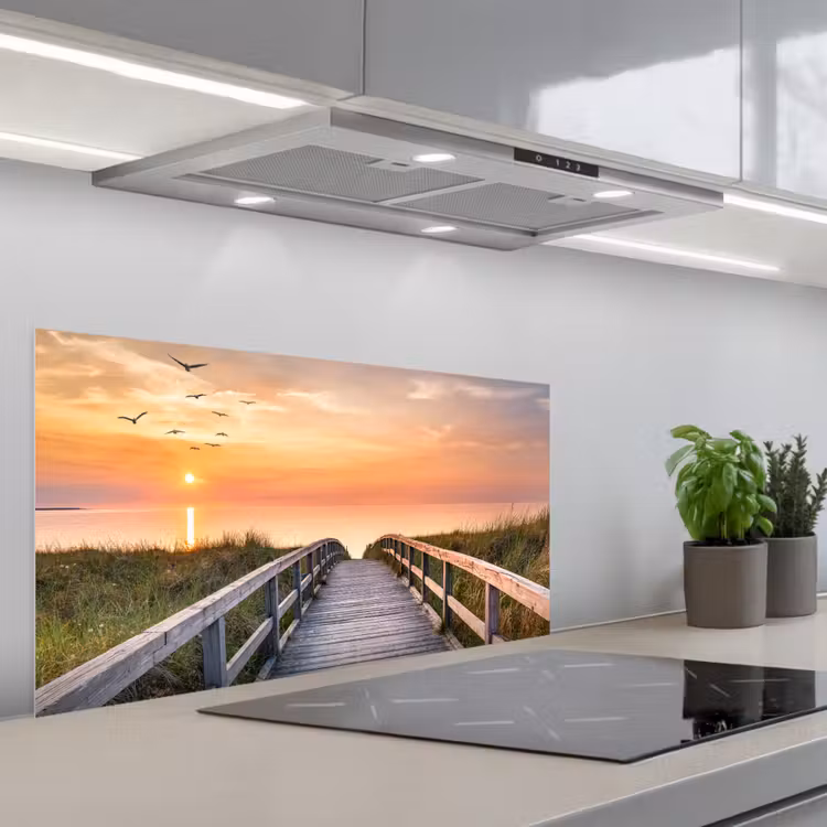 Zonsonderang - Zee - Pad - Gras - Duin - Vogels keuken achterwand spatscherm middel -3d_schuin