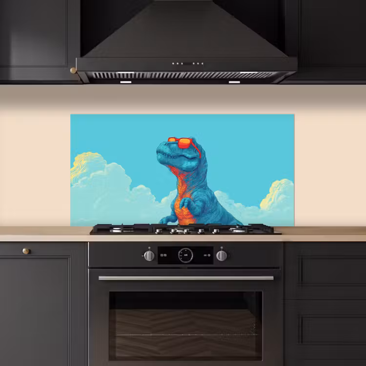 T-Rex - Blauw - Wolken - Zonnebril keuken achterwand spatscherm middel -sfeer1
