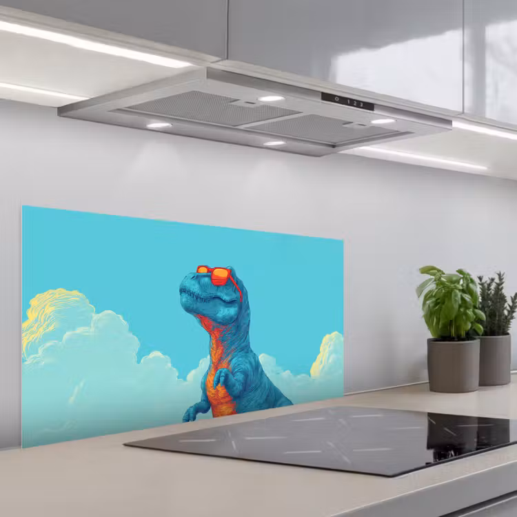 T-Rex - Blauw - Wolken - Zonnebril keuken achterwand spatscherm middel -3d_schuin