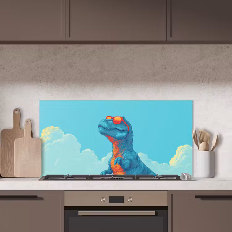 T-Rex - Blauw - Wolken - Zonnebril keuken achterwand spatscherm middel -sfeer2