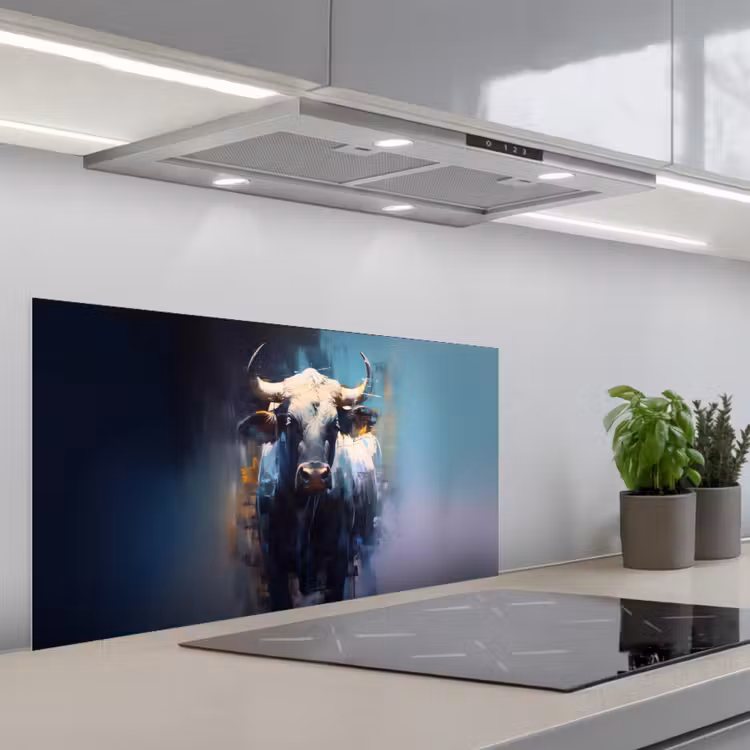 Stier - Zwart - Abstract - Horens keuken achterwand spatscherm middel -3d_schuin