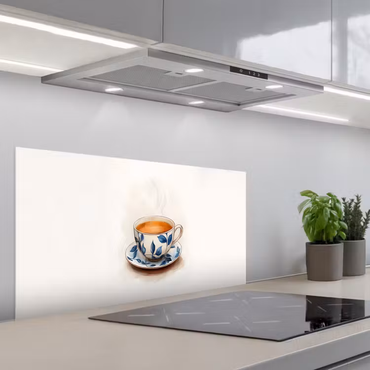 Theekop - Bladeren - Blauw keuken achterwand spatscherm middel -3d_schuin