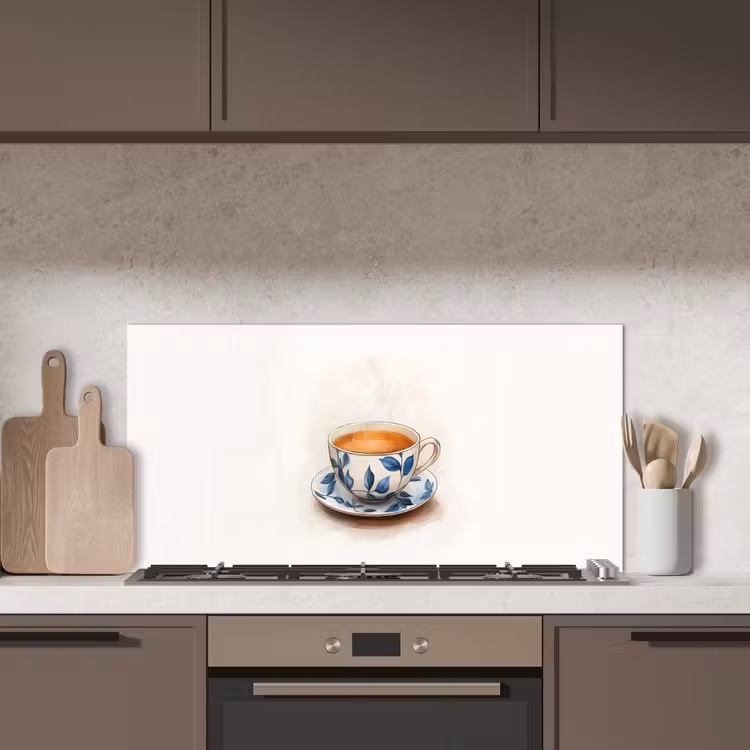 Theekop - Bladeren - Blauw keuken achterwand spatscherm middel -sfeer2