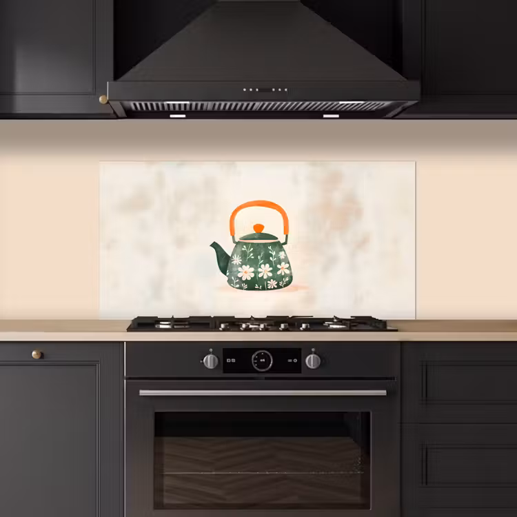 Theepot - Groen - Bloemen - Oranje keuken achterwand spatscherm middel -sfeer1