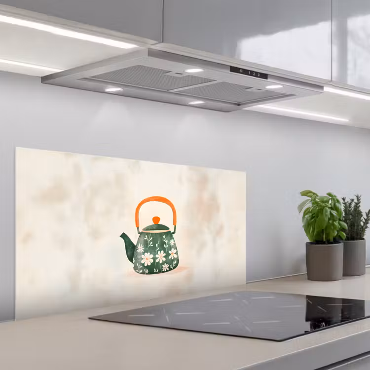 Theepot - Groen - Bloemen - Oranje keuken achterwand spatscherm middel -3d_schuin