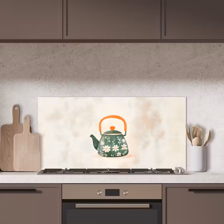 Theepot - Groen - Bloemen - Oranje keuken achterwand spatscherm middel -sfeer2