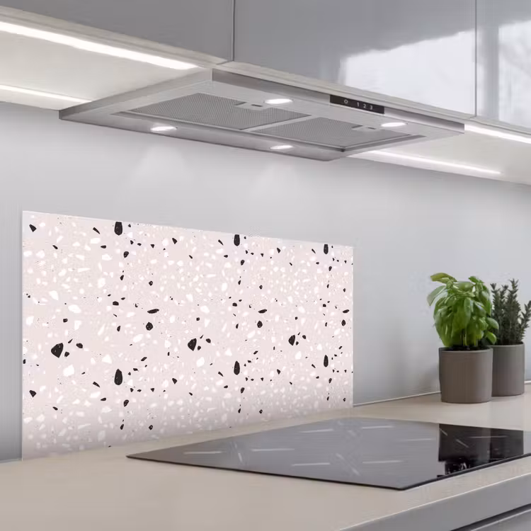 Terrazzo - Patroon - Zacht - Zwart - Wit keuken achterwand spatscherm middel 899 -3d_schuin