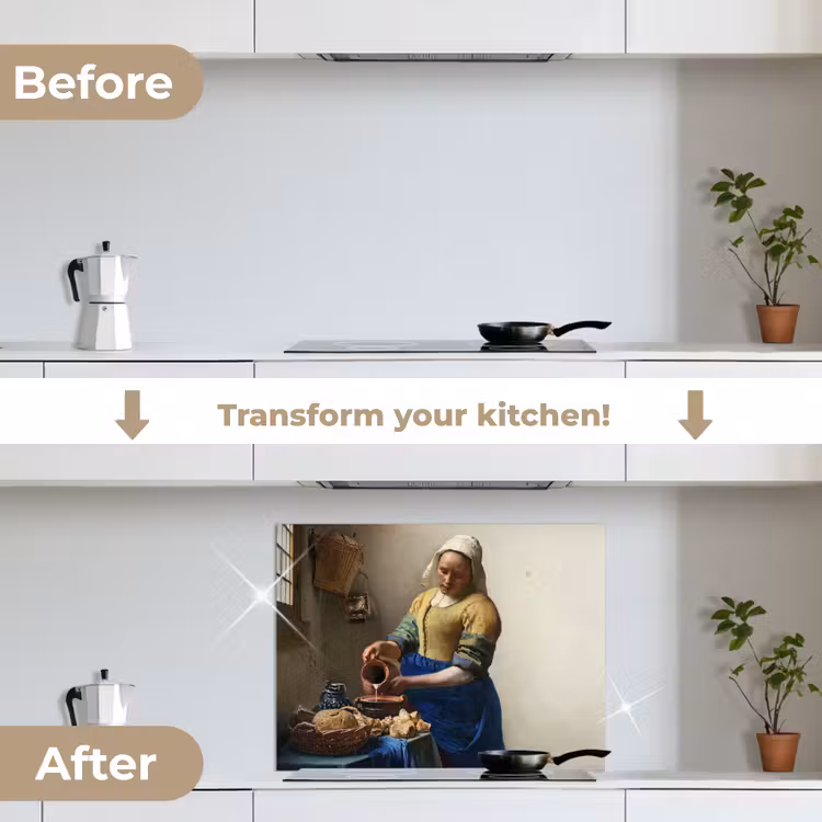 Het melkmeisje - Kunst - Oude meesters - Vermeer keuken achterwand spatscherm middel -voor_na_EN
