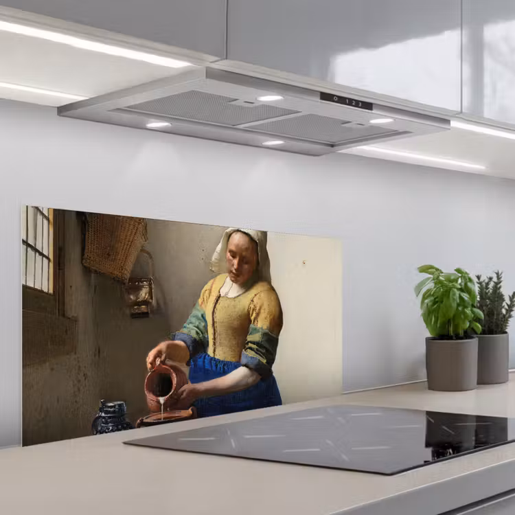 Het melkmeisje - Schilderij van Johannes Vermeer keuken achterwand spatscherm middel -3d_schuin