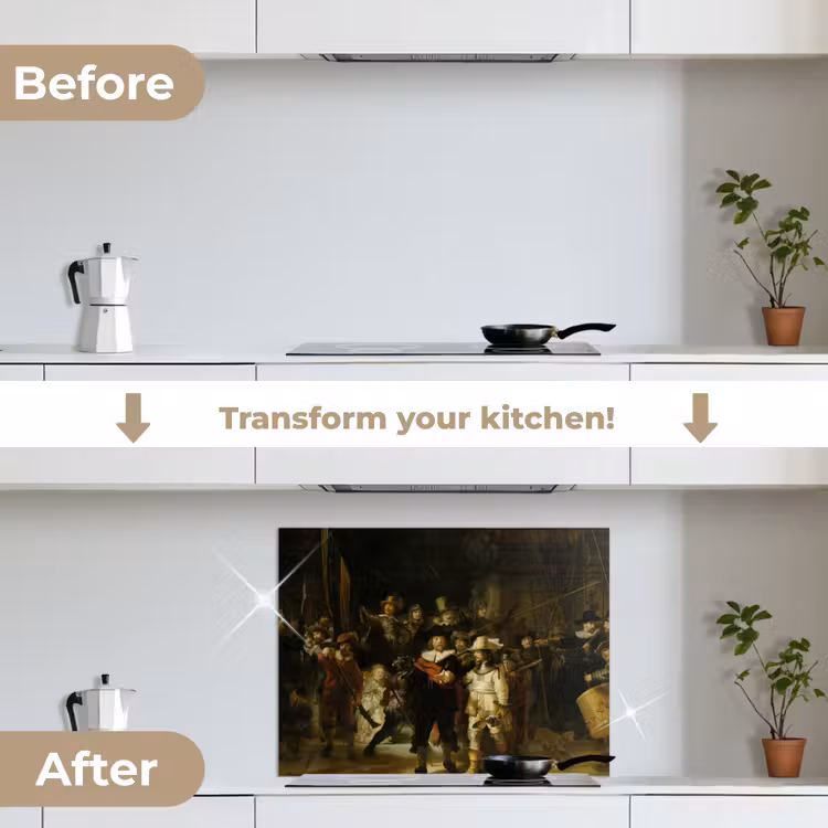 De Nachtwacht - Kunst - Oude meesters - Rembrandt keuken achterwand spatscherm middel -voor_na_EN