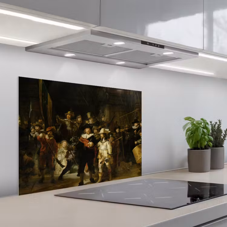 De Nachtwacht - Kunst - Oude meesters - Rembrandt keuken achterwand spatscherm middel -3d_schuin