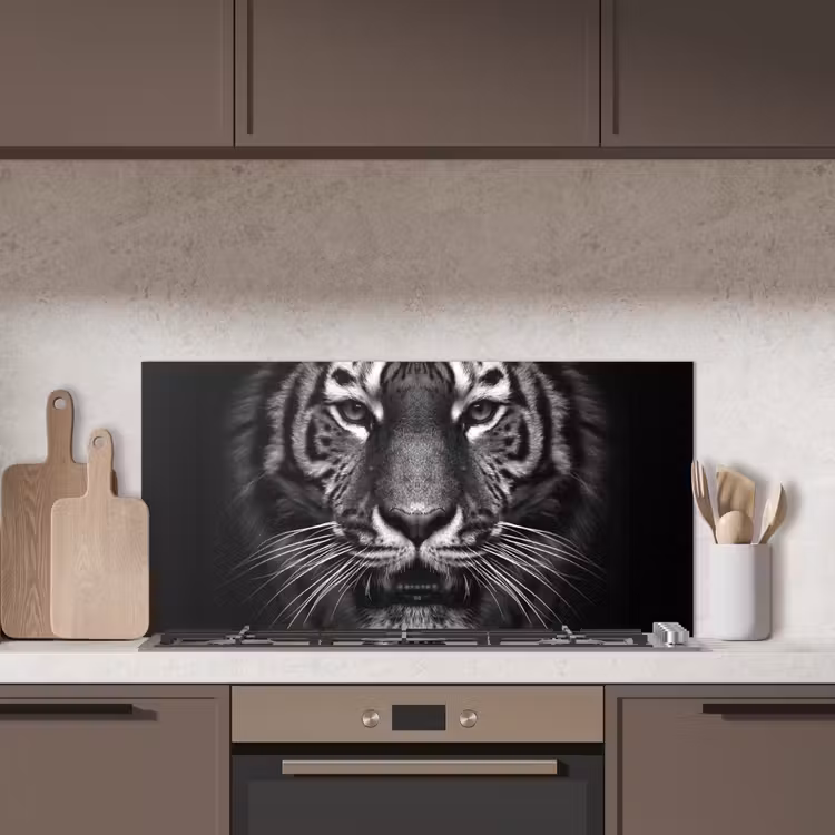Tijger - Dieren - Zwart - Wit - Portret - Wild keuken achterwand spatscherm middel -sfeer2