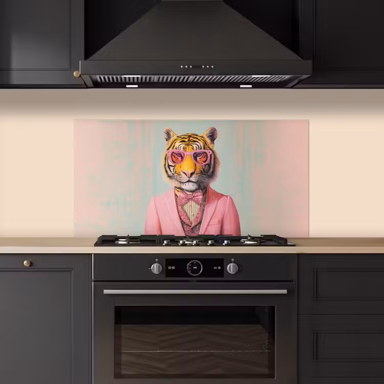 Tijger - Strik - Jasje - Roze keuken achterwand spatscherm middel -sfeer1