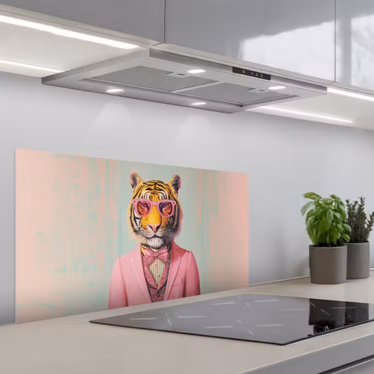 Tijger - Strik - Jasje - Roze keuken achterwand spatscherm middel -3d_schuin