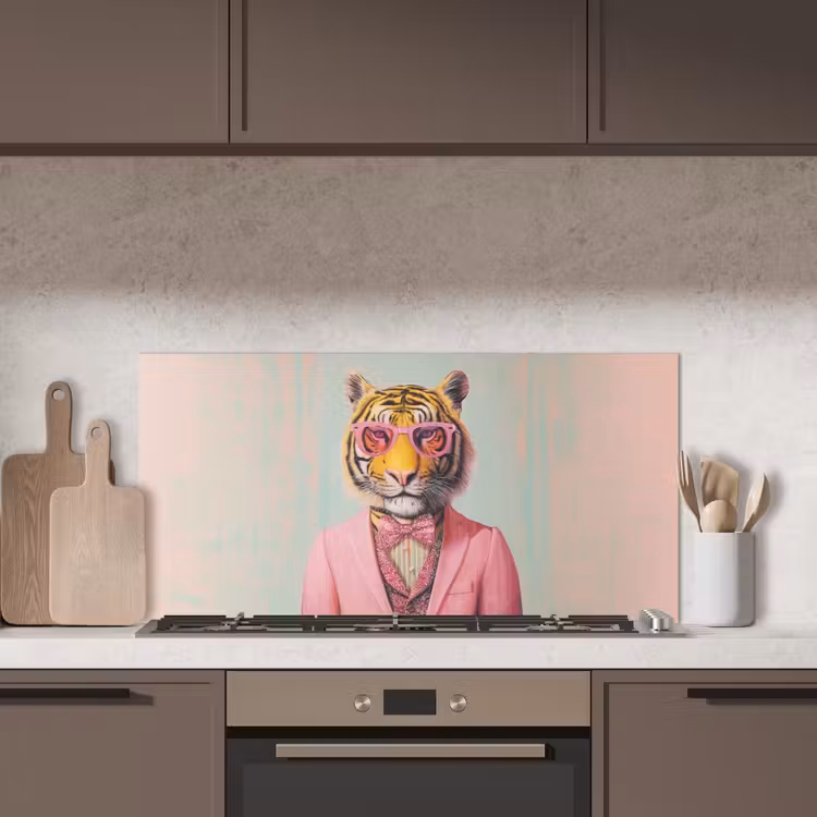 Tijger - Strik - Jasje - Roze keuken achterwand spatscherm middel -sfeer2