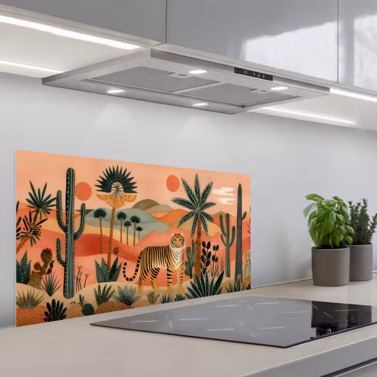 Tijger - Kleurrijk - Palmen - Cactus keuken achterwand spatscherm middel -3d_schuin
