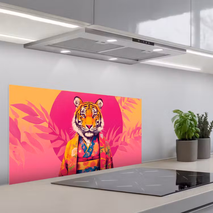 Tijger - Kimono - Planten - Roze keuken achterwand spatscherm middel -3d_schuin