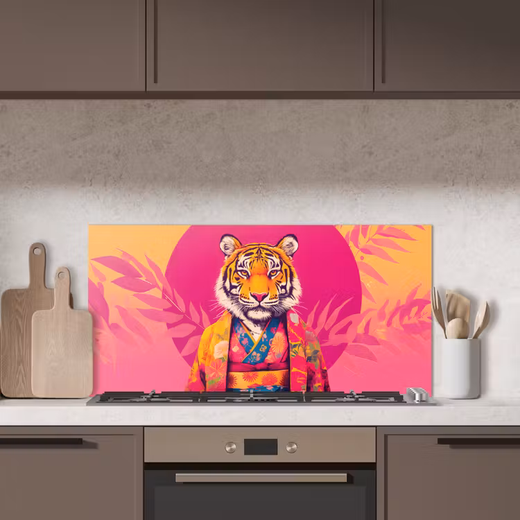 Tijger - Kimono - Planten - Roze keuken achterwand spatscherm middel -sfeer2