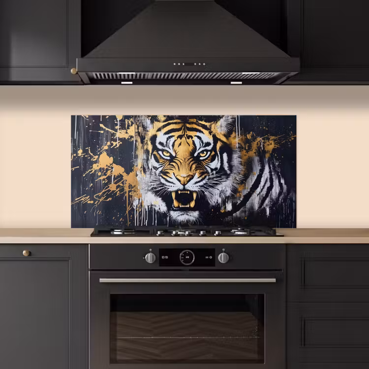 Tijger - Verfspatten - Goud keuken achterwand spatscherm middel -sfeer1