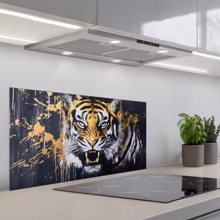 Tijger - Verfspatten - Goud keuken achterwand spatscherm middel -3d_schuin