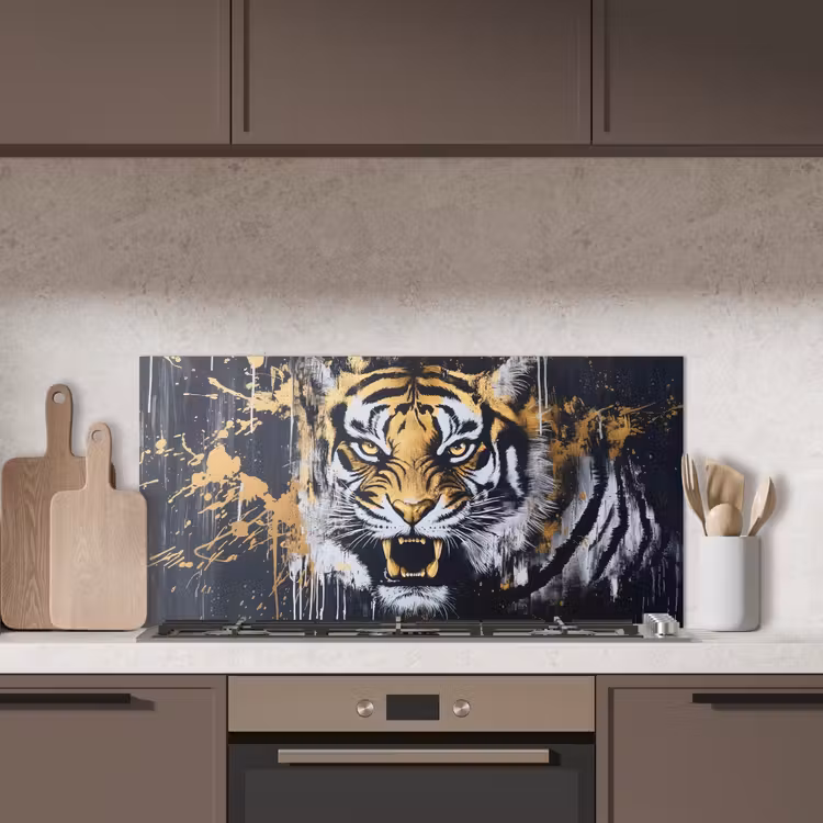 Tijger - Verfspatten - Goud keuken achterwand spatscherm middel -sfeer2